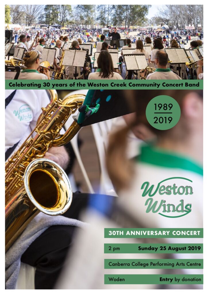 Weston Winds 30th anniversary poster advertising the concert on 25 August 2019